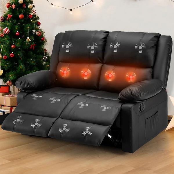 AECOJOY Reclining Loveseat with Heat&Massage Function, Double Recliner Recliner Loveseat Wall Hugger Loveseat 2-Seater Manual Control Faux Leather RV Couch, Home Theater Seating, Black