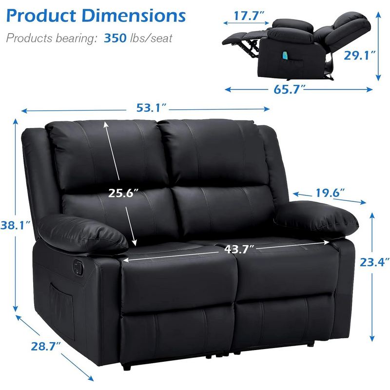 AECOJOY Reclining Loveseat with Heat&Massage Function, Double Recliner Recliner Loveseat Wall Hugger Loveseat 2-Seater Manual Control Faux Leather RV Couch, Home Theater Seating, Black