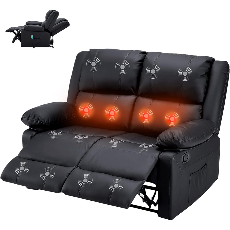AECOJOY Reclining Loveseat with Heat&Massage Function, Double Recliner Recliner Loveseat Wall Hugger Loveseat 2-Seater Manual Control Faux Leather RV Couch, Home Theater Seating, Black