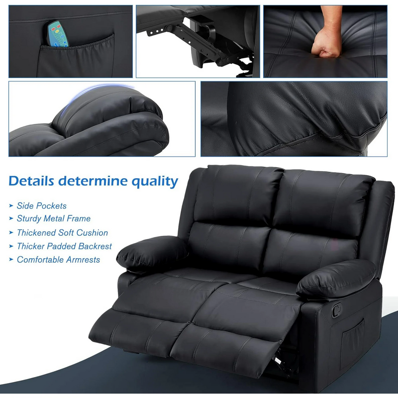AECOJOY Reclining Loveseat with Heat&Massage Function, Double Recliner Recliner Loveseat Wall Hugger Loveseat 2-Seater Manual Control Faux Leather RV Couch, Home Theater Seating, Black