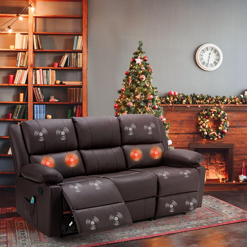 AECOJOY 3 Seat Leather Recliner Sofa with Massage Heated Function, Home Theater Seating Chair in Brown