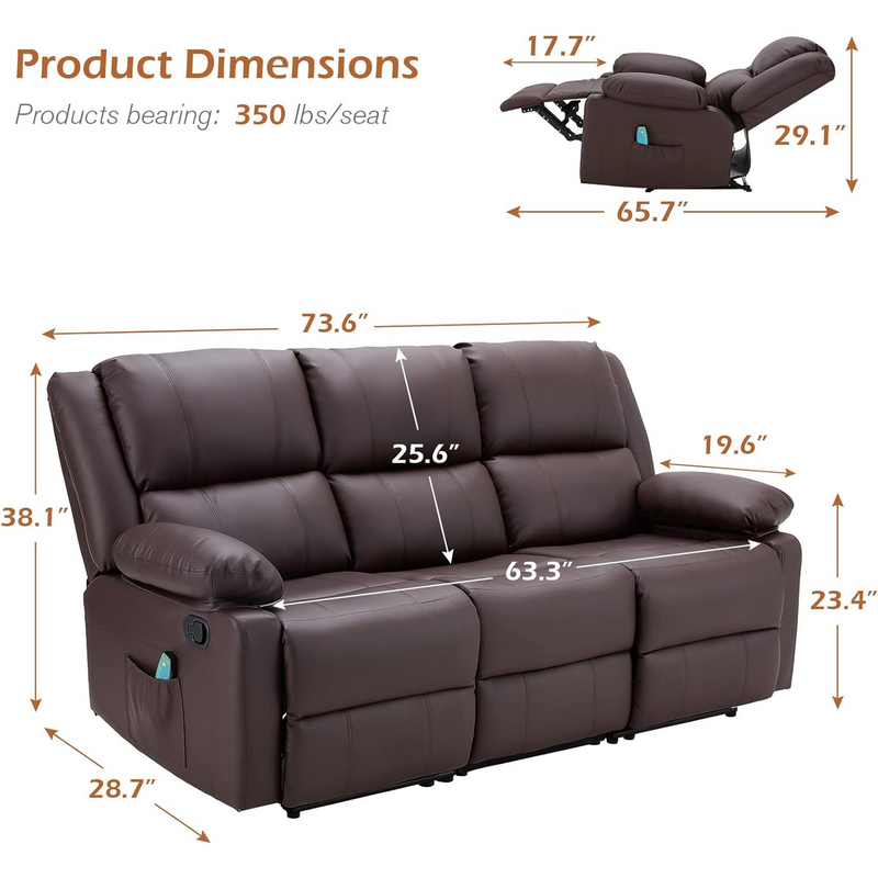 AECOJOY 3 Seat Leather Recliner Sofa with Massage Heated Function, Home Theater Seating Chair in Brown