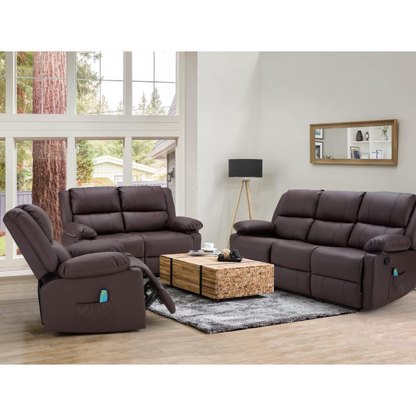 AECOJOY 3 Seat Leather Recliner Sofa with Massage Heated Function, Home Theater Seating Chair in Brown