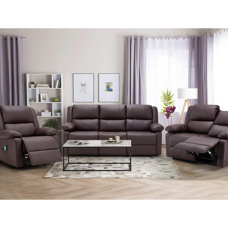 AECOJOY 3 Seat Leather Recliner Sofa with Massage Heated Function, Home Theater Seating Chair in Brown