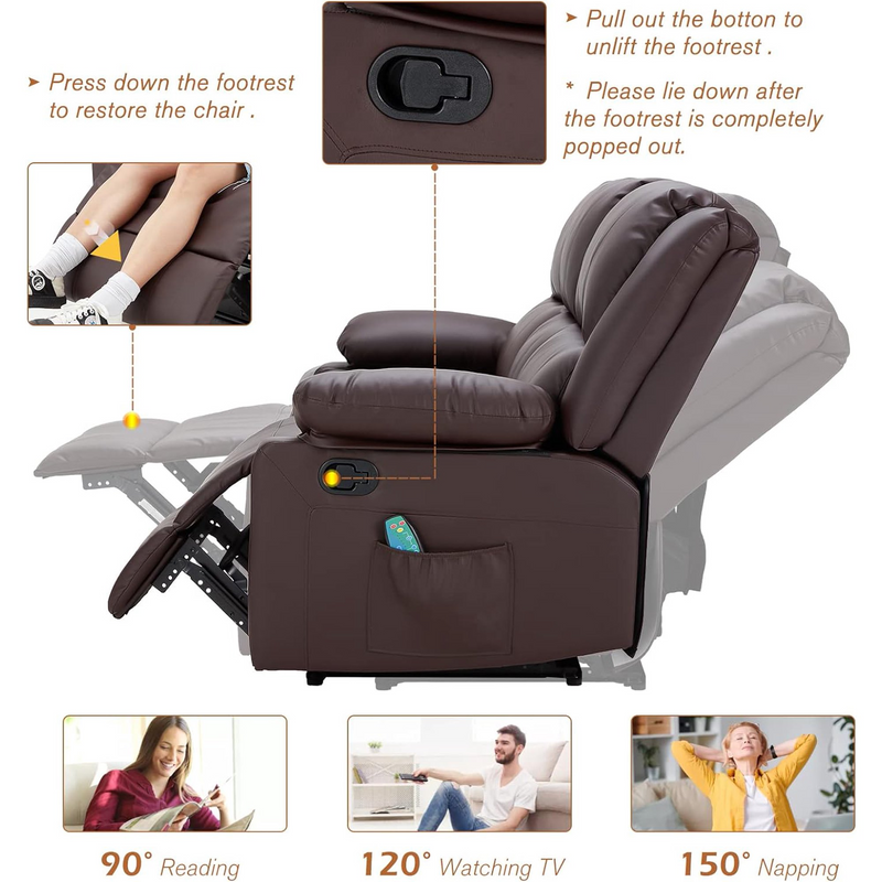 AECOJOY 3 Seat Leather Recliner Sofa with Massage Heated Function, Home Theater Seating Chair in Brown
