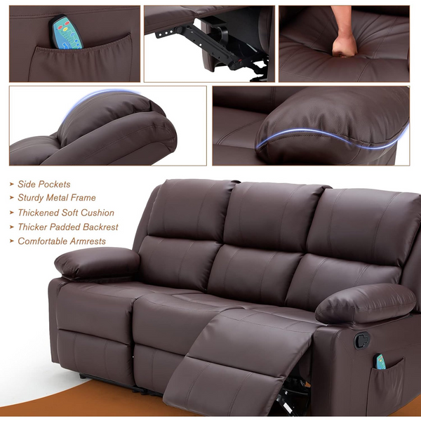 AECOJOY 3 Seat Leather Recliner Sofa with Massage Heated Function, Home Theater Seating Chair in Brown