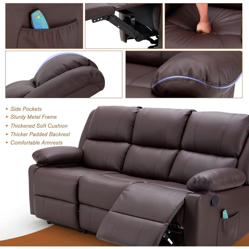 AECOJOY 3 Seat Leather Recliner Sofa with Massage Heated Function, Home Theater Seating Chair in Brown