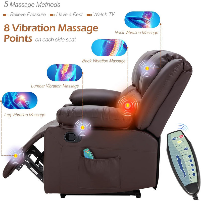 AECOJOY 3 Seat Leather Recliner Sofa with Massage Heated Function, Home Theater Seating Chair in Brown
