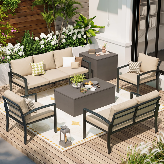 AECOJOY Patio Furniture sets Outdoor Metal Furniture sets with Two Storage Boxes on Sale Patio Conversation Set With Beige Cushions