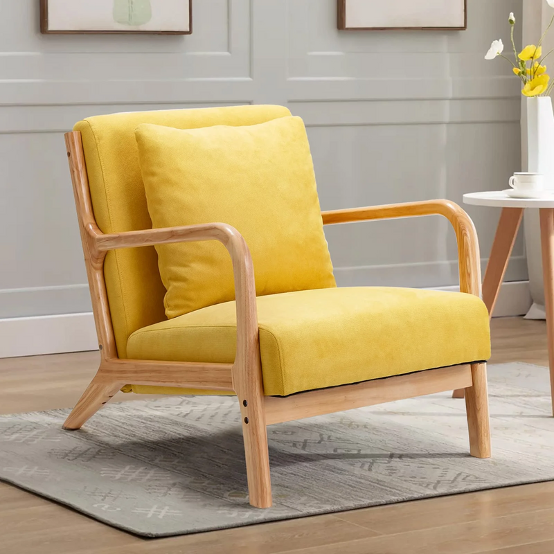 YODOLLA Mid-Century Modern Accent Chair, Fabric Arm Chair, Reading Chair with Arm, Upholstery Linen, Living Room Furniture，Yellow