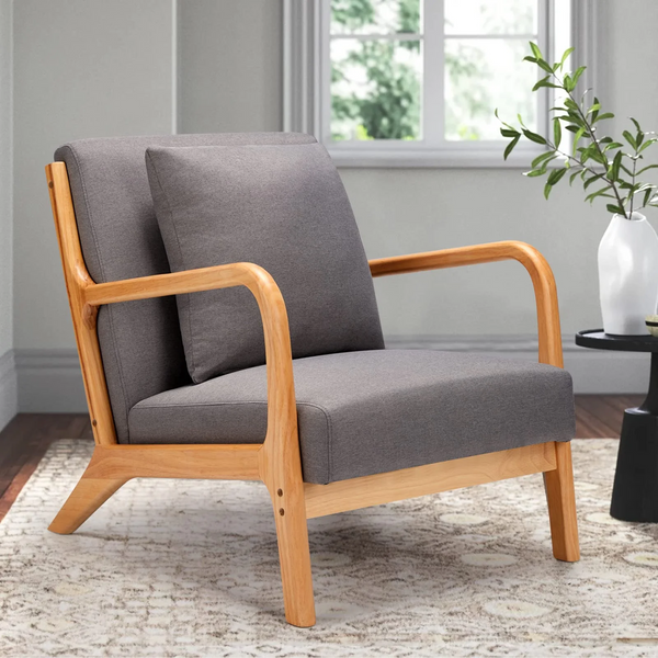 YODOLLA Mid Century Accent Chair with Cushion, Wooden Armchair Modern Fabric Reading Chair, Lounge Chair for Livingroom Bedroom Apartment, Grey