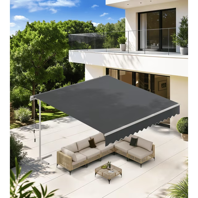 10x8 ft. Free Standing Retractable Awning - Single Side Patio Awnings Manual Sun Shade - Dark Grey