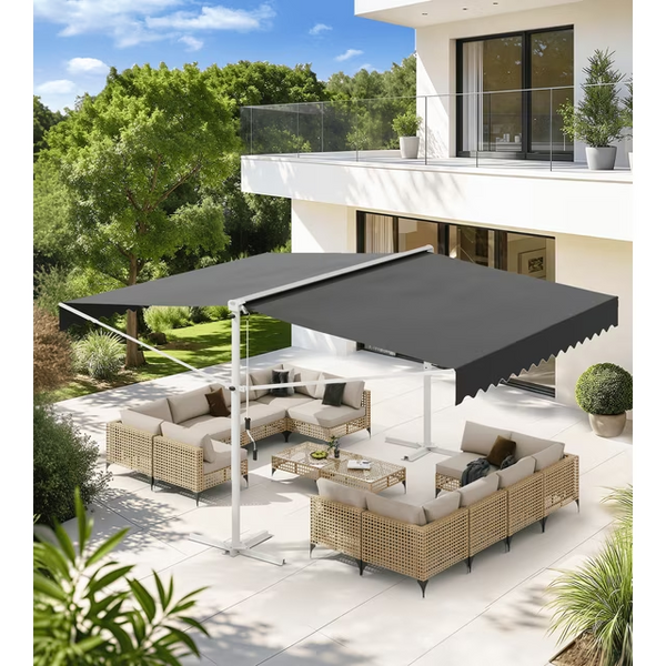 10x10 ft. Free Standing Retractable Awning - Dual Side Patio Awnings Manual Sun Shade - Dark Grey