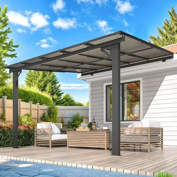 10' x 12' Wall-Mounted Hardtop Gazebo Outdoor Aluminum Pergola with Adjustable Height for Garden, Patio, Backyard-Gray