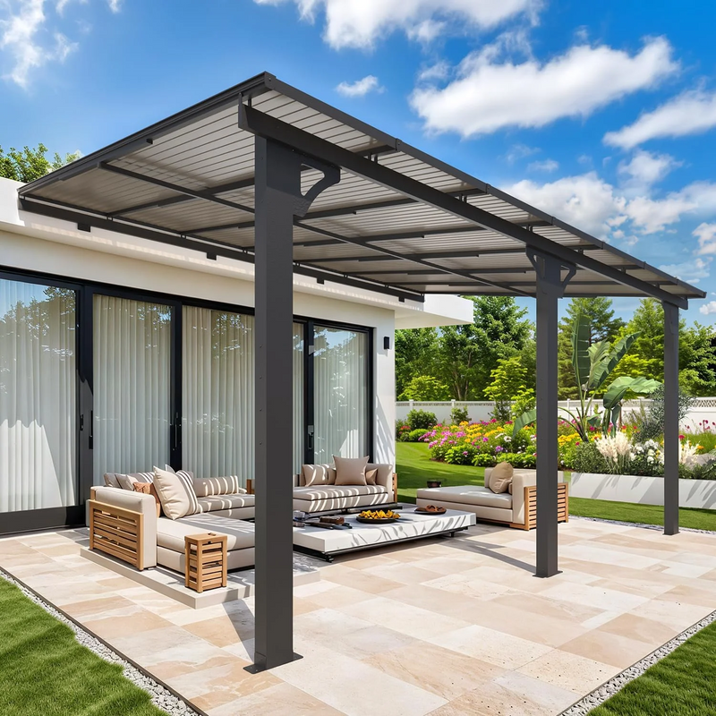 10' x 14' Wall-Mounted Hardtop Gazebo Outdoor Aluminum Pergola with Adjustable Height for Garden, Patio, Backyard-Gray