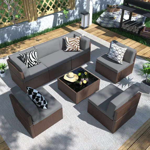 Danrelax 7-Piece Outdoor Sectional Sofa Patio Conversation in Gray Set w/ Brown Wicker