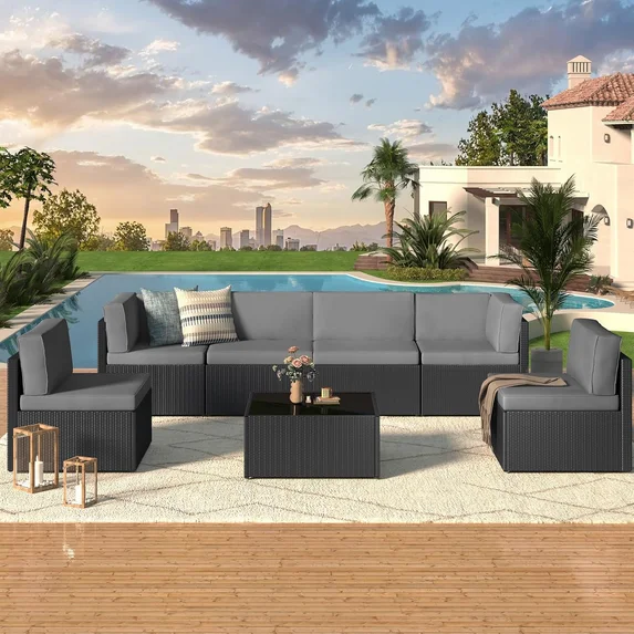 7-Piece Patio Furniture Set, Black Rattan Wicker,Dark grey Cushion