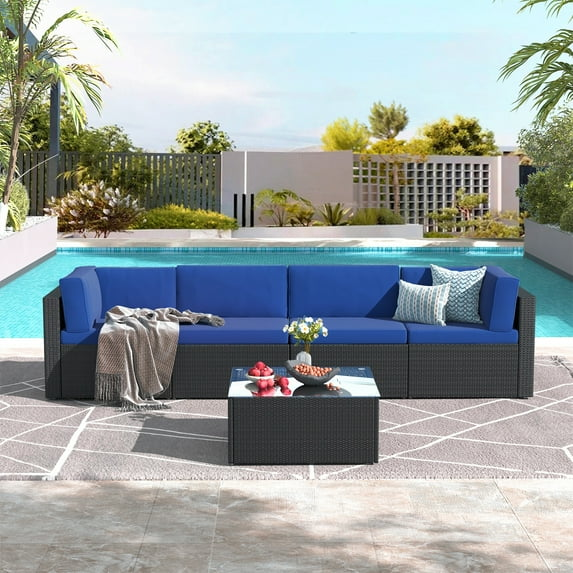 YODOLLA 5 Piece Patio Furniture Set On Sale in Navy Cushion& Black PE Rattan Outdoor Sectional Sofa Couch Patio Conversation Set with Table