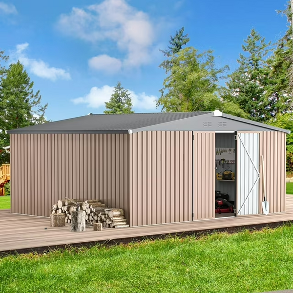 AECOJOY 14' x 12' Outdoor Storage Shed with Lockable Door Patio Metal Garden Storage Building in Brown for Outside