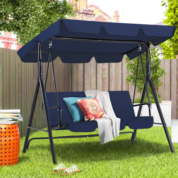 YODOLLA 3-Seat Outdoor Steel Porch Swing with Canopy, Swing Glider-Dark Blue, Free Standing Porch Swing