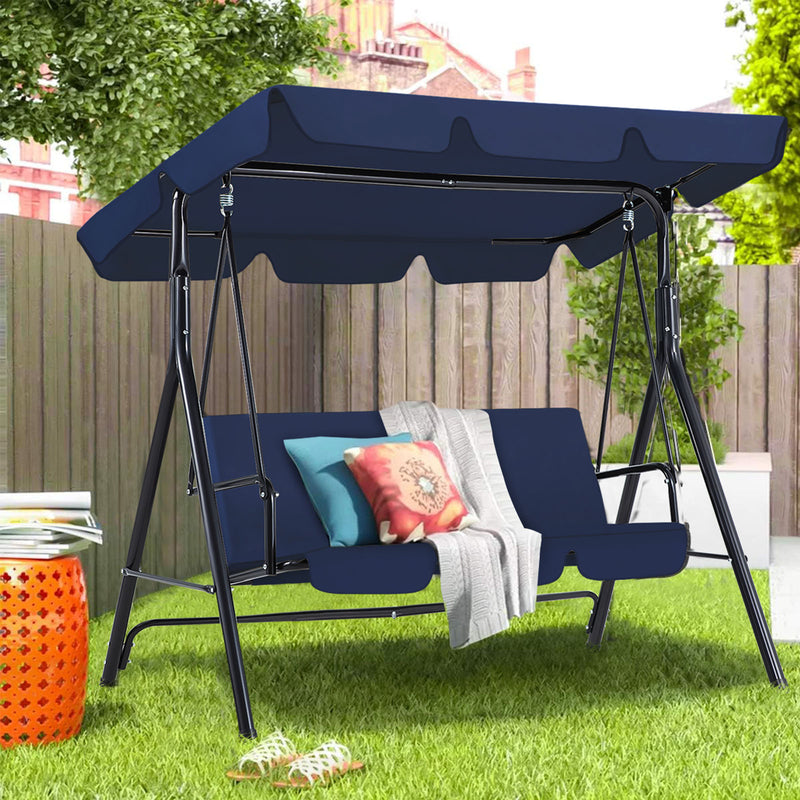 YODOLLA 3-Seat Outdoor Steel Porch Swing with Canopy, Swing Glider-Dark Blue, Free Standing Porch Swing