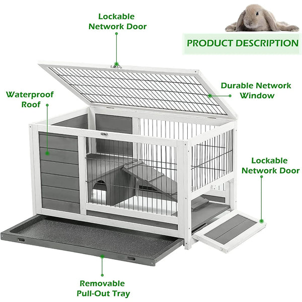 AECOJOY Rabbit Hutch with Deeper No Leak Tray & Run 35.4’’ Pet House for Small Animals Rabbit Cage Guinea Pig House Bunny Hutch Indoor & Outdoor