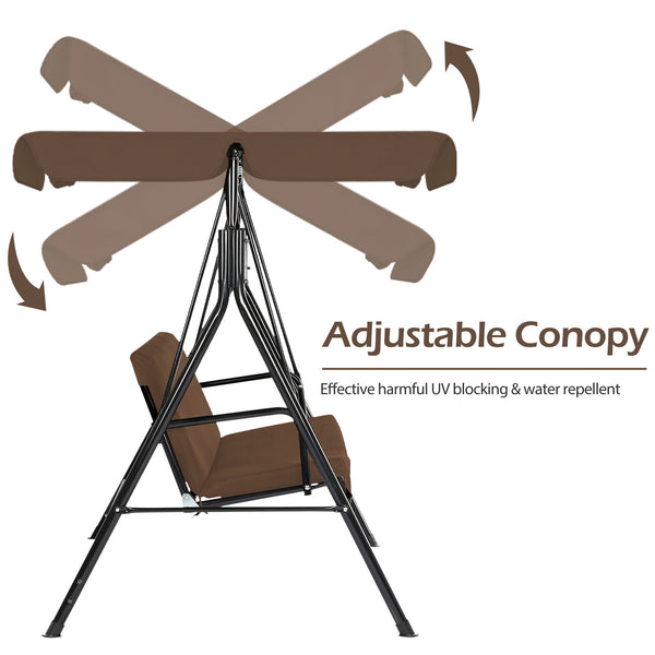 YODOLLA 3-Seat Outdoor Steel Porch Swing with Canopy, Swing Glider-Brown, Free Standing Porch Swing