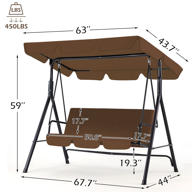 YODOLLA 3-Seat Outdoor Steel Porch Swing with Canopy, Swing Glider-Brown, Free Standing Porch Swing