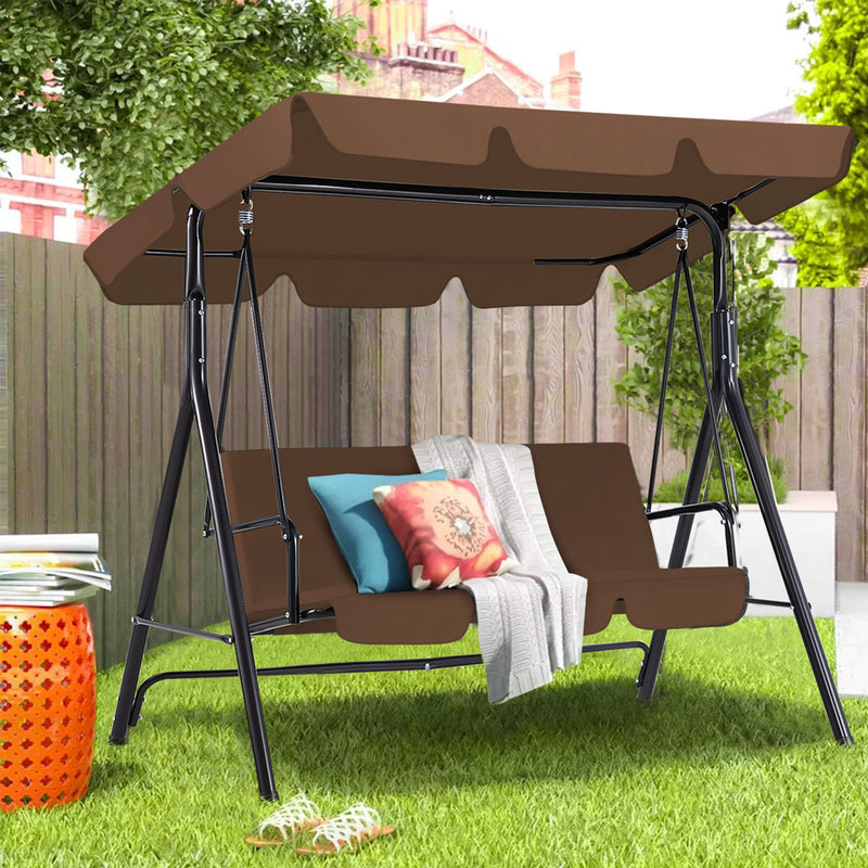 YODOLLA 3-Seat Outdoor Steel Porch Swing with Canopy, Swing Glider-Brown, Free Standing Porch Swing