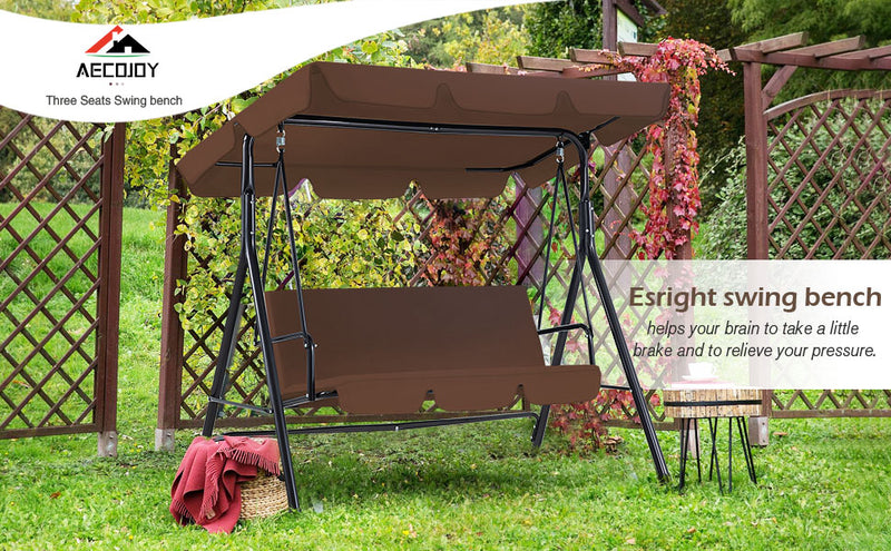 YODOLLA 3-Seat Outdoor Steel Porch Swing with Canopy, Swing Glider-Brown, Free Standing Porch Swing