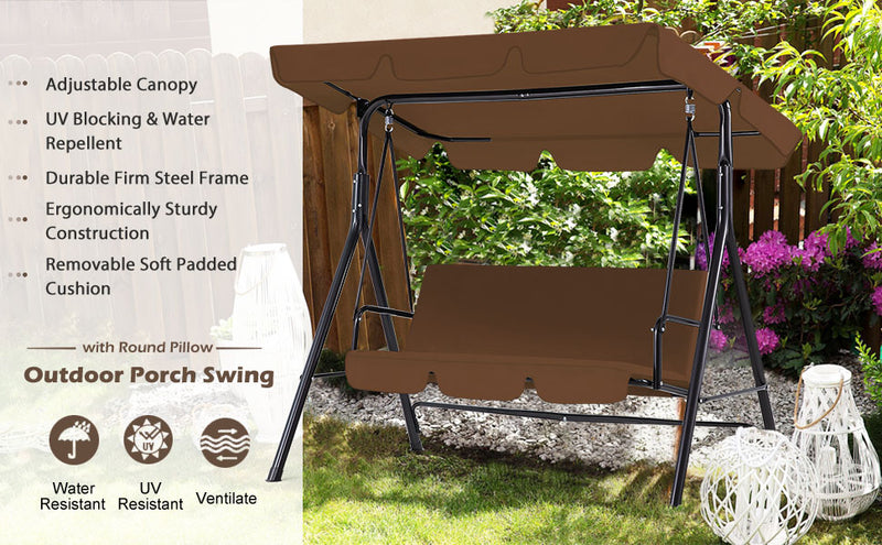 YODOLLA 3-Seat Outdoor Steel Porch Swing with Canopy, Swing Glider-Brown, Free Standing Porch Swing
