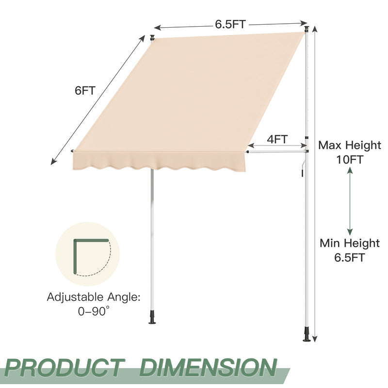 AECOJOY Manual Retractable Awning, 78" Non-Screw Outdoor Patio Awning, Adjustable Pergola Sun Shade Cover with UV Protection, Ideal Outdoor Canopy for Window or Door, Beige