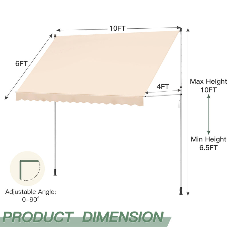 AECOJOY Manual Retractable Awning, 118" Non-Screw Outdoor Patio Awning, Adjustable Pergola Sun Shade Cover with UV Protection, Ideal Outdoor Canopy for Window or Door, Beige