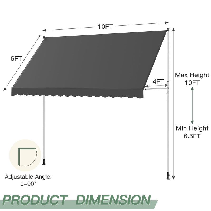 AECOJOY Manual Retractable Awning, 118" Non-Screw Outdoor Patio Awning, Adjustable Pergola Sun Shade Cover with UV Protection, Ideal Outdoor Canopy for Window or Door, Dark Grey