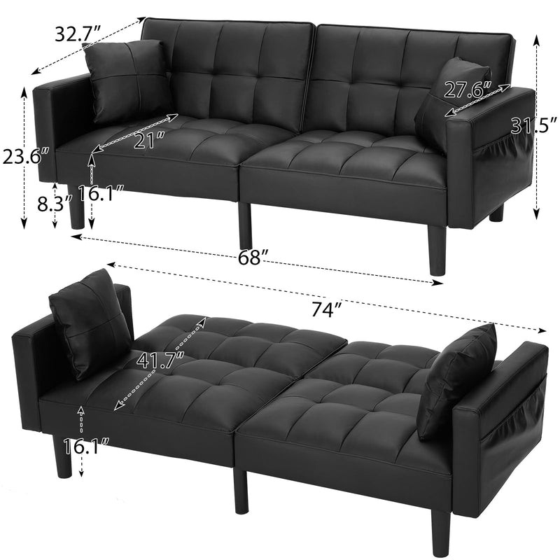 AVAWING Futon Sofa Bed Modern Convertible Sofa Bed Faux Leather Tufted Upholstered Accent Sofa and Couches with 2 Pillows, Water Resistant Couch Recliner for Living Room, Bedroom, Luxury Black