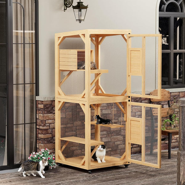 AECOJOY Outdoor Cat House with Wheels Wooden Catio Enclosure with Swing and Resting Box, Natural Color