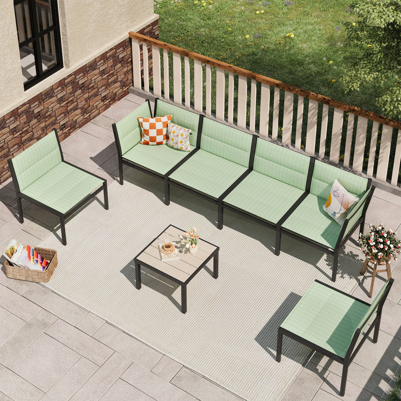 AECOJOY Outdoor Furniture Sets, 7 Pieces Cotton-Filled Textilene Fabric Outdoor Coffee Table and Chairs for Garden, Green