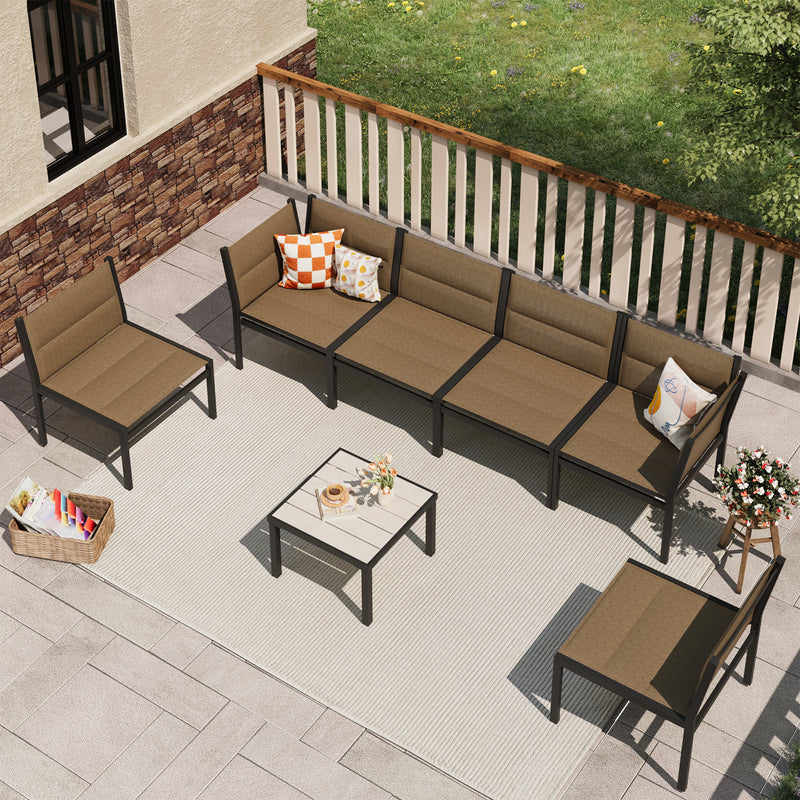 AECOJOY Outdoor Furniture Sets, 7 Pieces Cotton-Filled Textilene Fabric Outdoor Coffee Table and Chairs for Garden, Brown