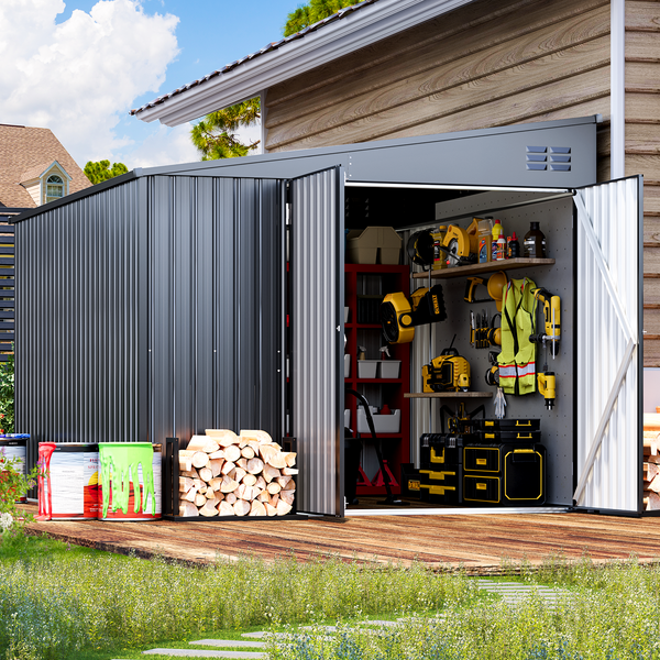 YODOLLA 8' x 10' Outdoor Metal Storage Side Shed with Lockable Door Metal Attached Lean-To Shed for Backyard in Dark Grey