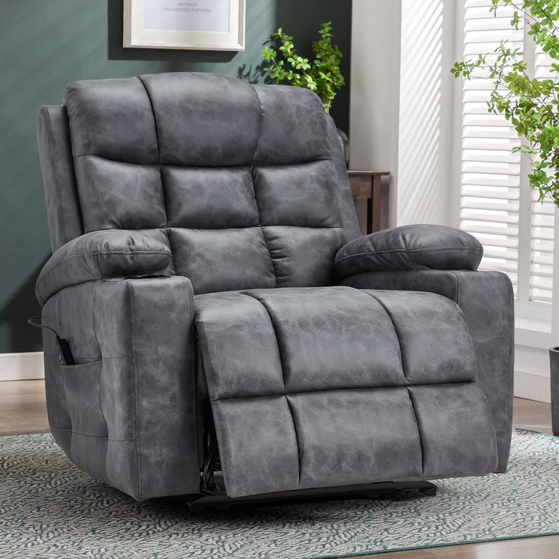 YODOLLA Oversized Nursery Electric Recliner Chair, Power Sofa with USB & Cup Holders, Breathable Leather Fabric, Home Theater Seating in Bronze Dark Grey