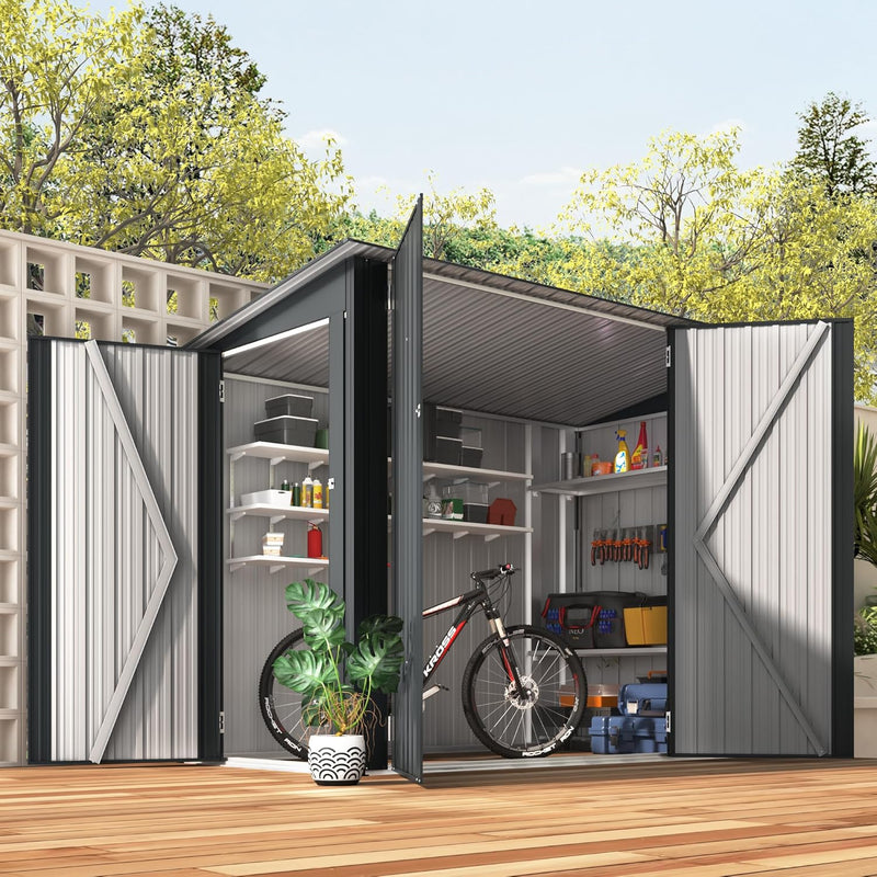 AECOJOY Shed Outdoor Bike Storage Shed Lean to, 4' x 7.5' Outdoor Horizontal Sheds & Outdoor Storage with Triple Lockable Door, Small Metal Storage Cabinet for Bicycles, Tools Storage for Garden