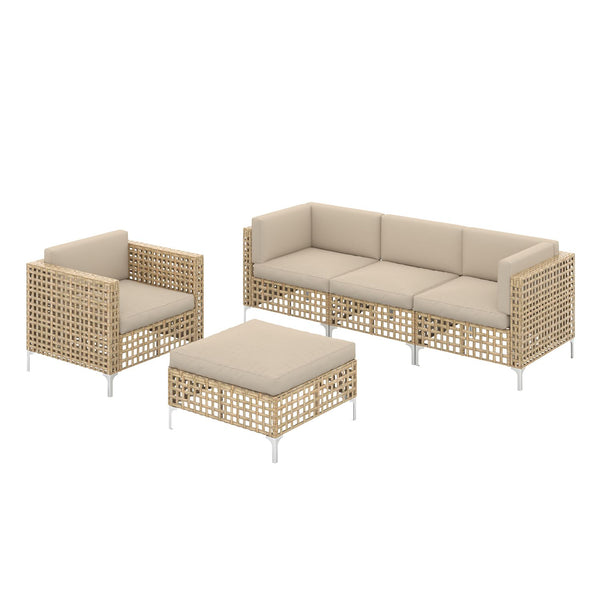 YODOLLA 5-Piece Patio Furniture Set, Boho Style Rattan Wicker 3-Seater Sofa Couch & Single Sofa Couch with Table In Beige