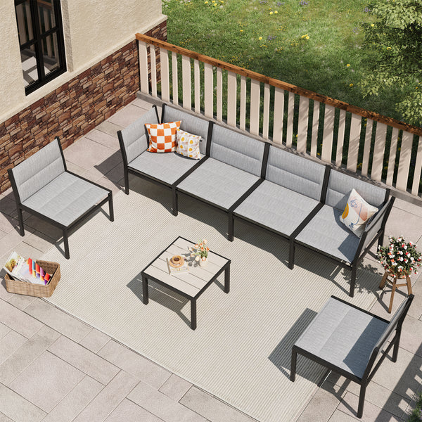 AECOJOY Outdoor Furniture Sets, 7 Pieces Cotton-Filled Textilene Fabric Outdoor Coffee Table and Chairs for Garden, Dark Gray