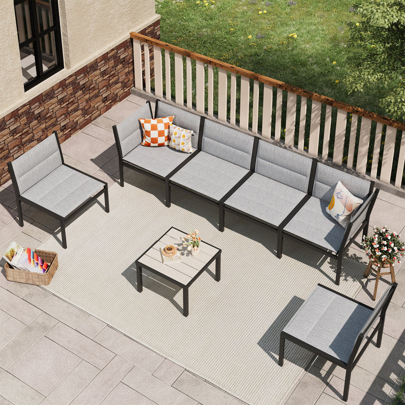 AECOJOY Outdoor Furniture Sets, 7 Pieces Cotton-Filled Textilene Fabric Outdoor Coffee Table and Chairs for Garden, Dark Gray