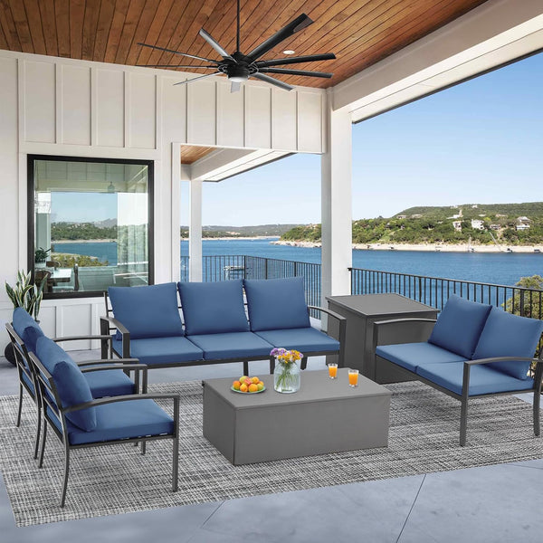AECOJOY Metal Patio Furniture Set with Cover Outdoor Furniture sets With Storage Boxes on Sale with Blue Cushion for Balcony Porch, Lawn and More