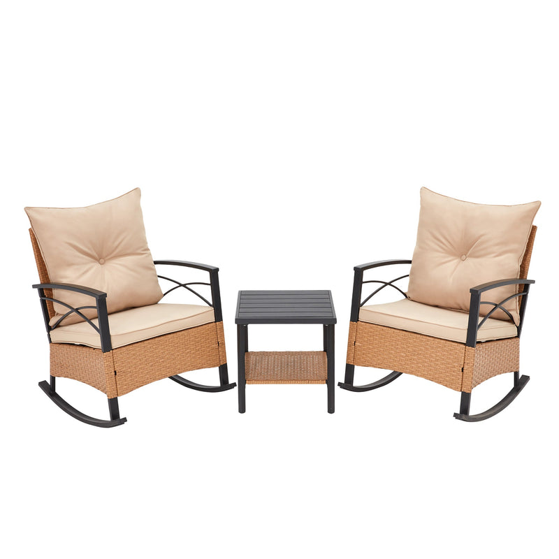 3-Piece Bistro Set: Outdoor Rattan Rocking Chairs with Cushions and Coffee Table