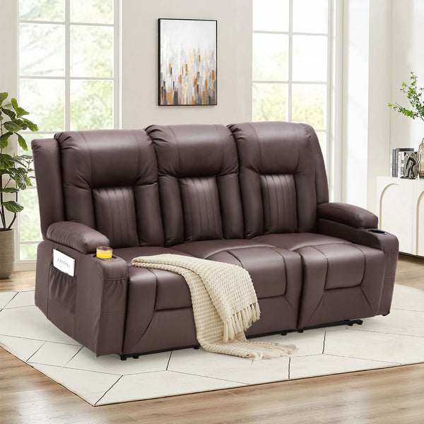 YODOLLA Manual Reclining Sofa with Cup Holders&Side Pockets, PU Leather Home Theater Seating, 3 Seat Recliner Chair for Adults-Brown