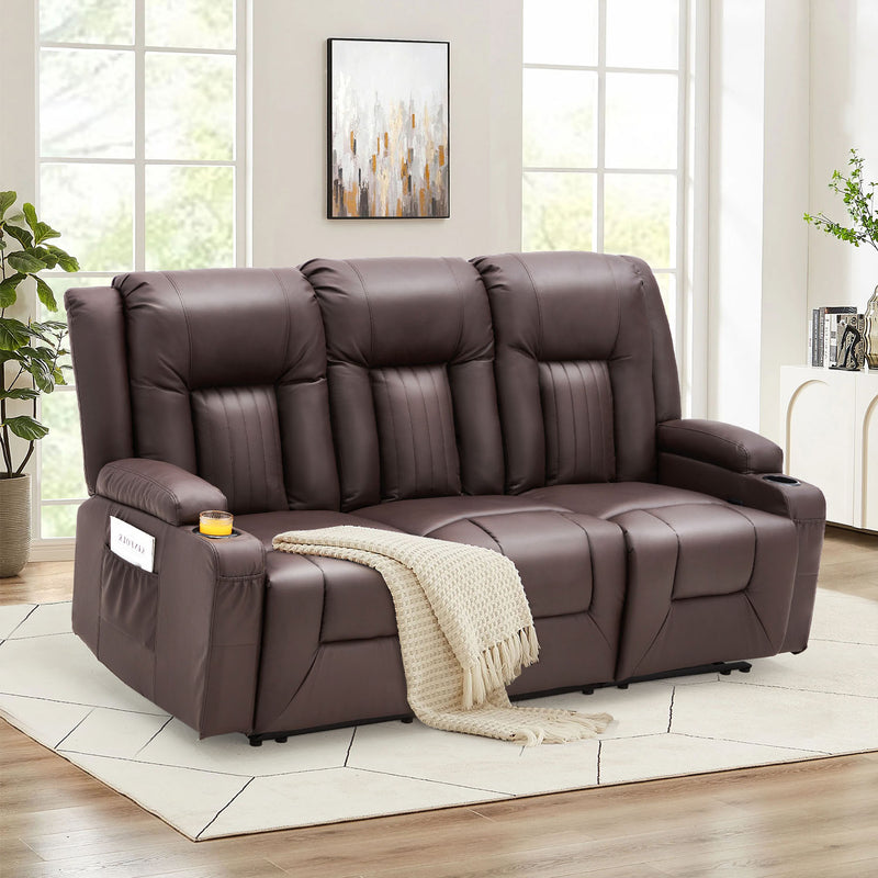 YODOLLA Manual Reclining Sofa with Cup Holders&Side Pockets, PU Leather Home Theater Seating, 3 Seat Recliner Chair for Adults-Brown