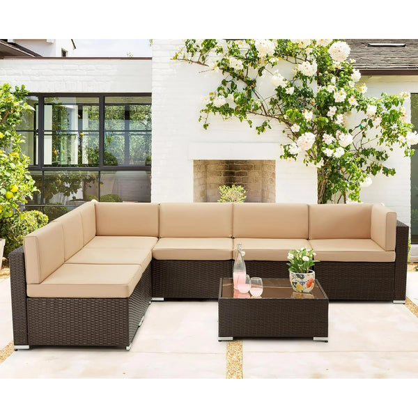 Danrelax 7-Piece Outdoor Sectional Sofa Patio Conversation Set Brown