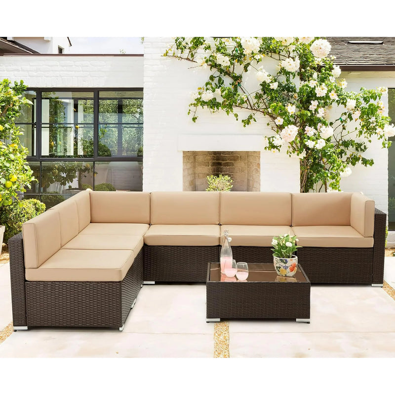 Danrelax 7-Piece Outdoor Sectional Sofa Patio Conversation Set Brown